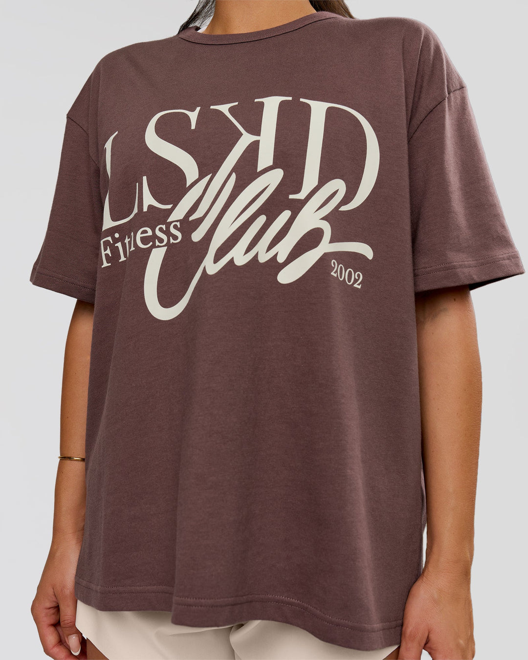 Woman wearing LSKD Fitness Club Heavyweight Oversized Tee - Cocoa Powder-Off White | Model:Bianca | Size:S - view 5