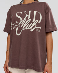 Woman wearing LSKD Fitness Club Heavyweight Oversized Tee - Cocoa Powder-Off White | Model:Bianca | Size:S | Thumbnail Index: 4