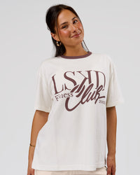 Woman wearing LSKD Fitness Club Heavyweight Oversized Tee - Off White-Cocoa Powder | Model:Bianca | Size:S | Thumbnail Index: 0