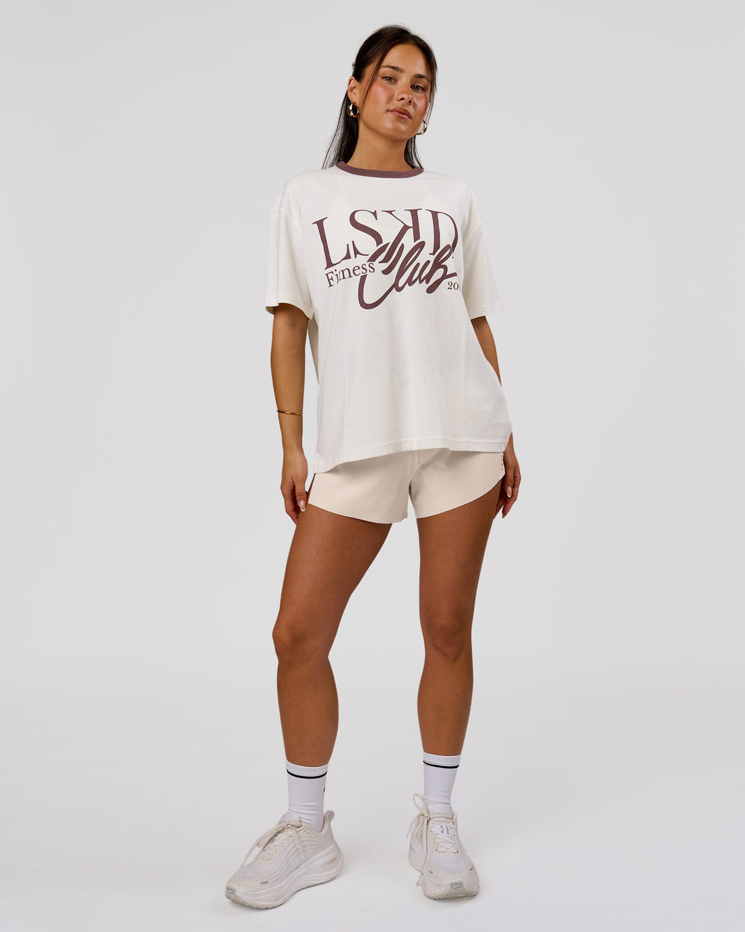 Woman wearing LSKD Fitness Club Heavyweight Oversized Tee - Off White-Cocoa Powder | Model:Bianca | Size:S - view 6