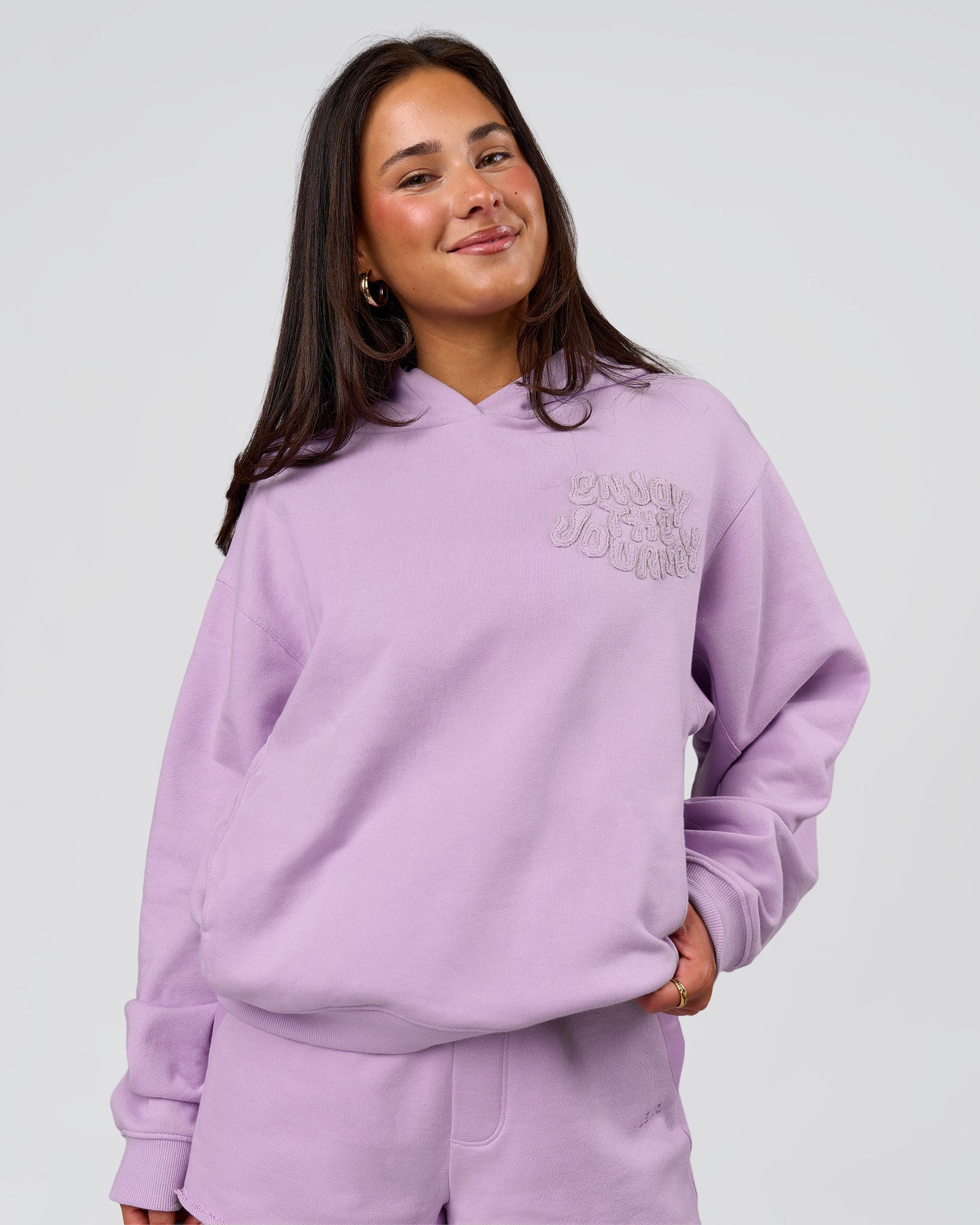 Woman wearing MVP Elite French Terry Hoodie - Pale Lilac | Model:Bianca | Size:S