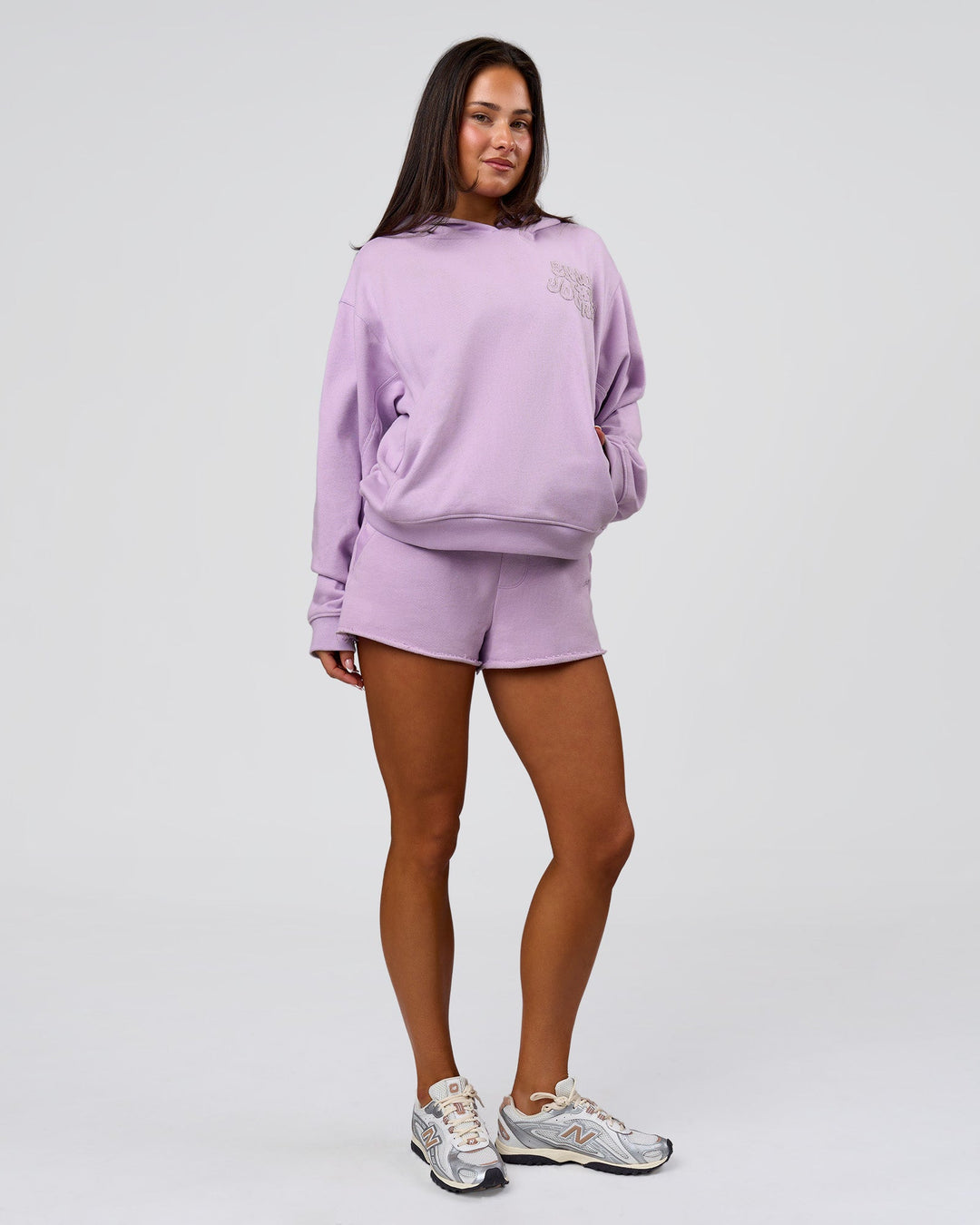 Woman wearing MVP Elite French Terry Hoodie - Pale Lilac | Model:Bianca | Size:S - view 13
