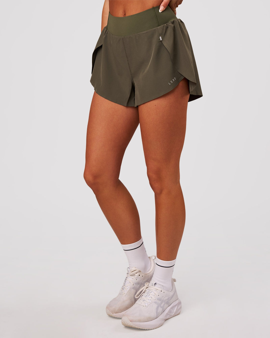 Woman wearing Pacer 3" Run Short - Pure Olive | Model:Bianca | Size:S - view 4