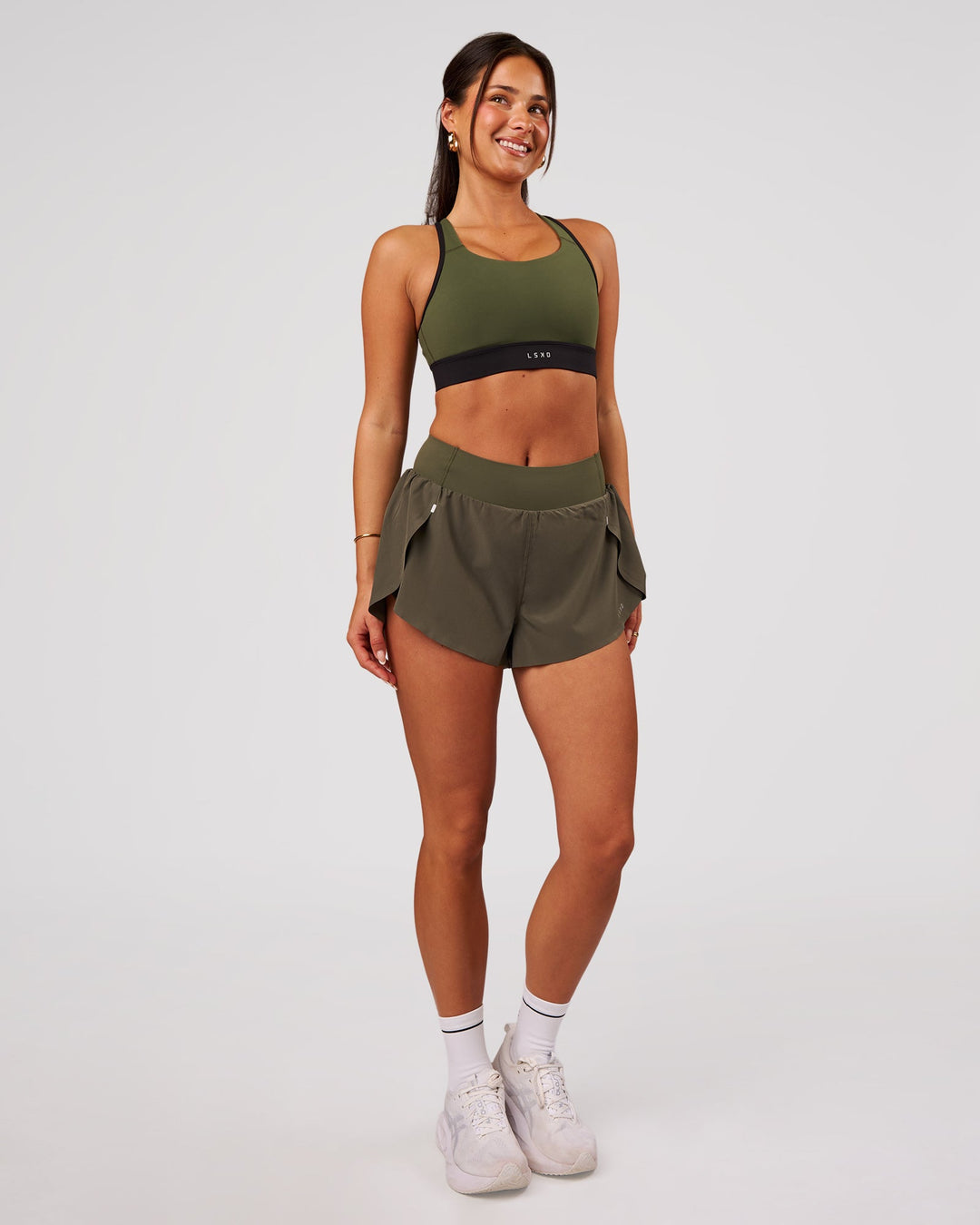 Woman wearing Pacer 3" Run Short - Pure Olive | Model:Bianca | Size:S - view 6