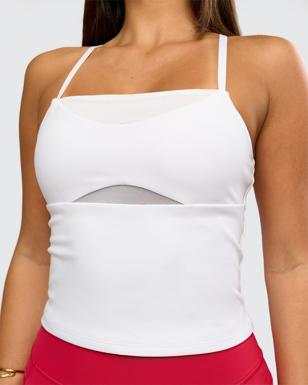 Woman wearing Podium Mesh Shelf Bra Tank - White | Model:Bianca | Size:S - view 2