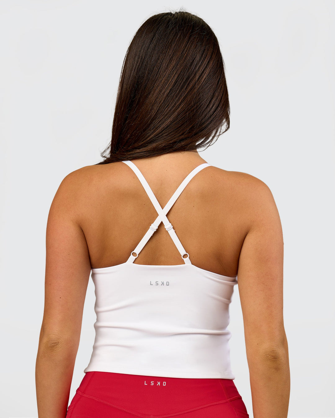 Woman wearing Podium Mesh Shelf Bra Tank - White | Model:Bianca | Size:S - view 5