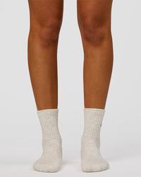 Woman wearing Script Quarter Socks 3 Pack 2.0 - Black-Grey-White | Model:Charli | Size:S