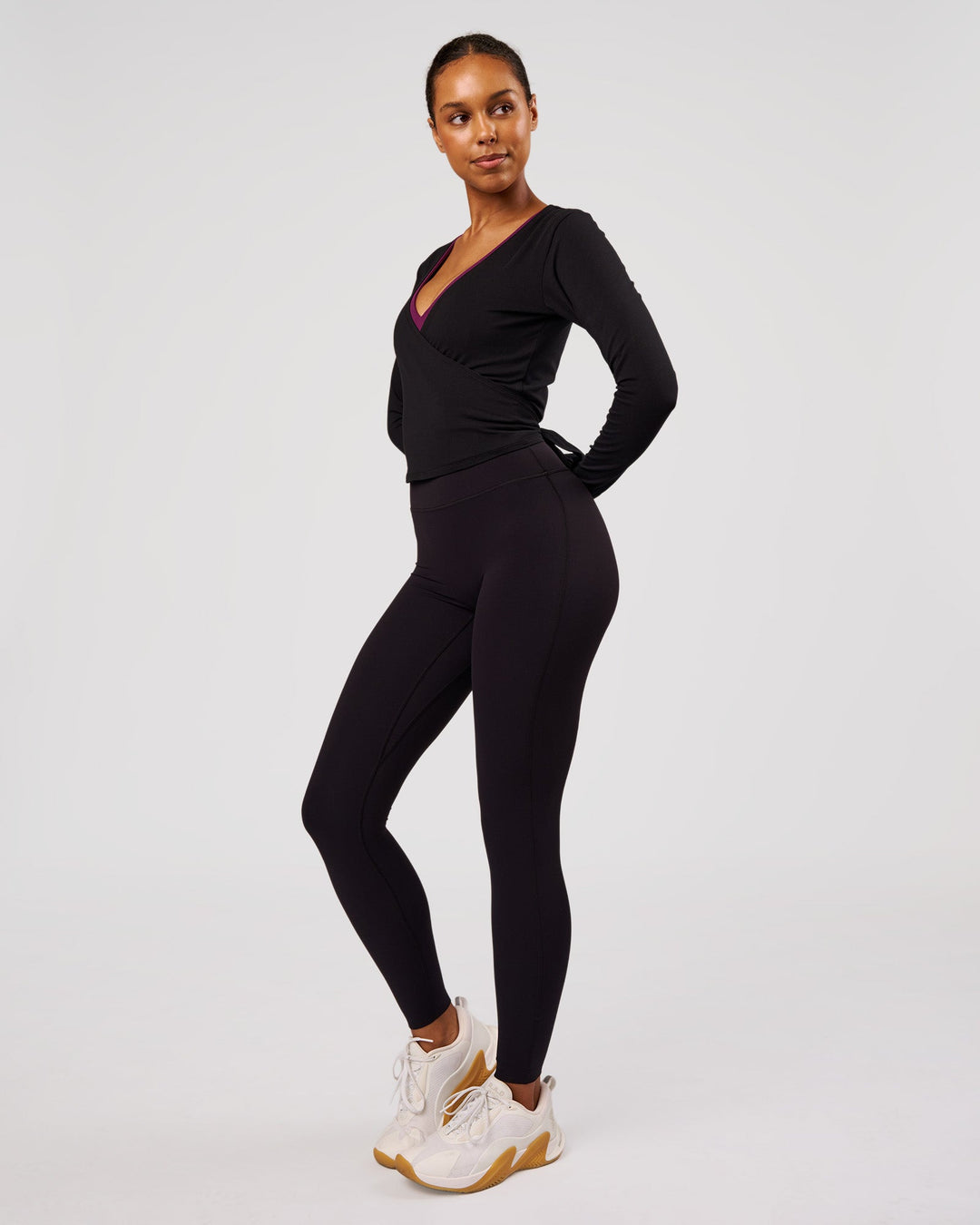 Woman wearing All Day Wrap FLXCotton Long Sleeve Top - Black | Model:Jordan | Size:S - view 7