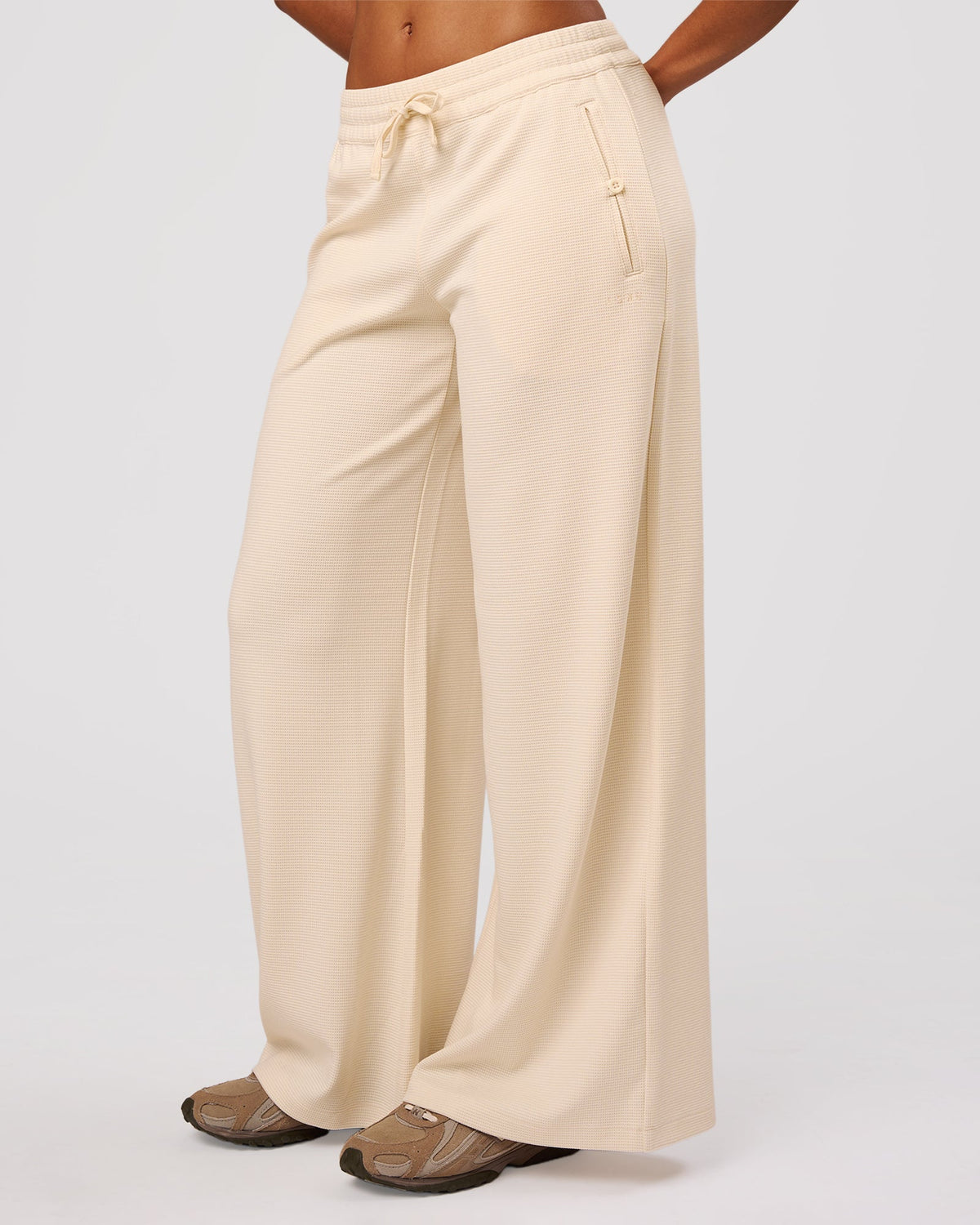 Woman wearing CloudWaffle Wide Leg Pants - Vanilla Bean | Model:Jordan | Size:S - view 1