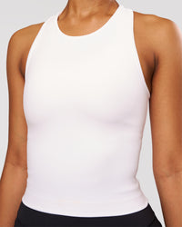 Woman wearing Flow Performance Tank 2.0 - White | Model:Jordan | Size:S | Thumbnail Index: 1