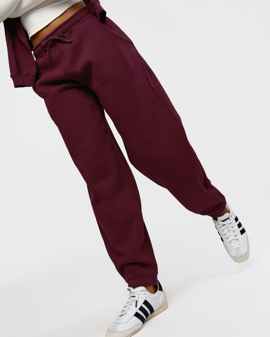 Woman wearing Go-To Oversized Track Pant - Cherry Lacquer | Model:Jordan | Size:S - view 2