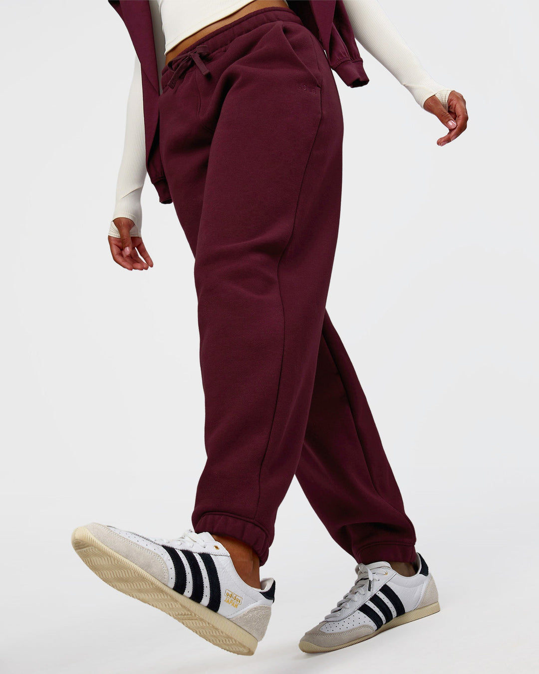 Woman wearing Go-To Oversized Track Pant - Cherry Lacquer | Model:Jordan | Size:S - view 8