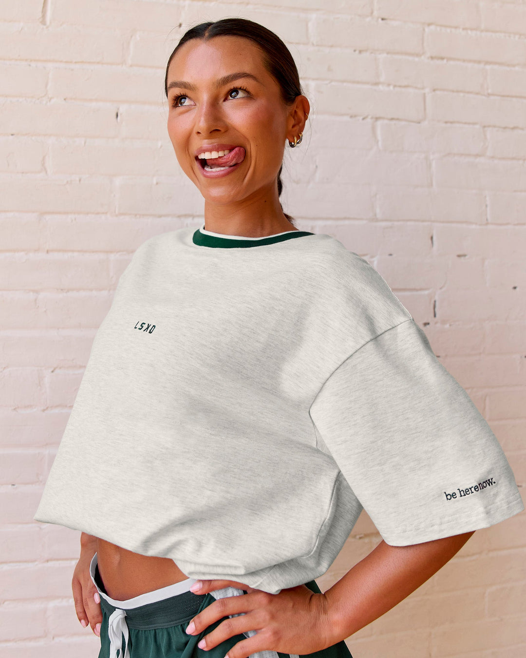 Woman wearing Be Here Now Heavyweight FLXCotton Tee Oversize - Silver Marl-Midnight Green | Model:Meg | Size:S - view 7
