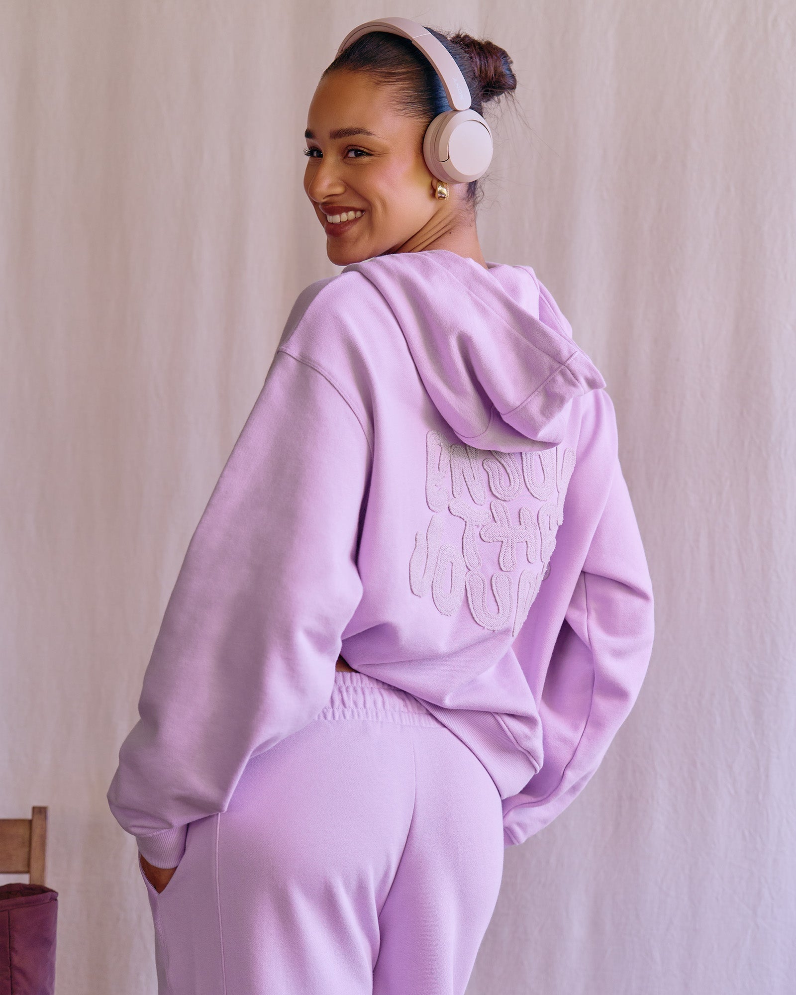 Woman wearing MVP Elite French Terry Hoodie - Pale Lilac | Model:Rosie | Size:S