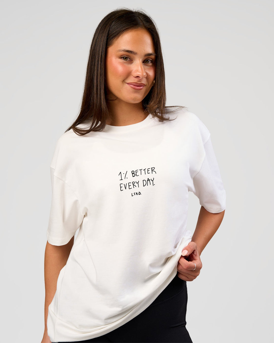 Woman wearing Andrew J. Steel x LSKD Heavyweight FLXCotton Oversized Tee - White | Model:Bianca | Size:XS - view 3