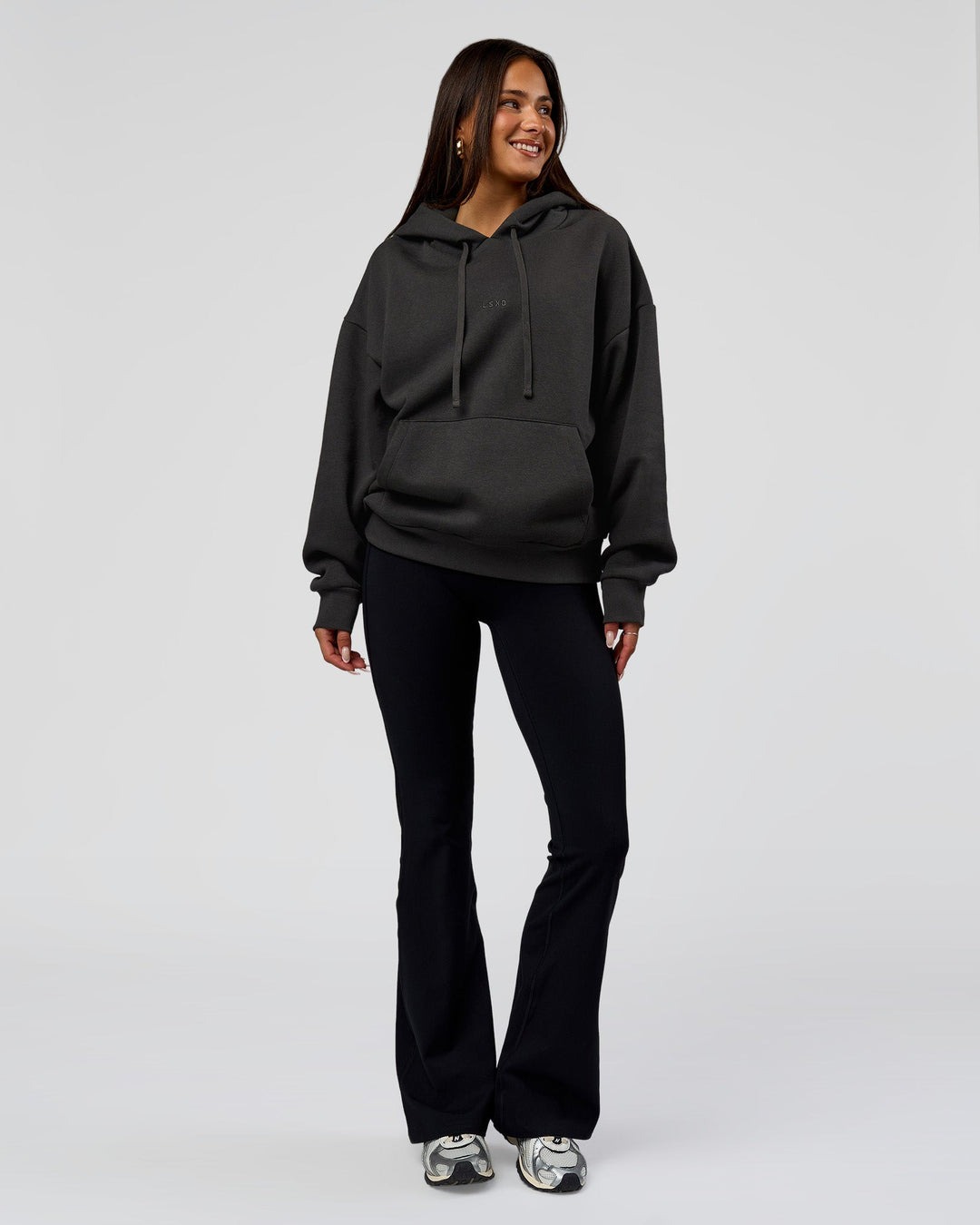 Woman wearing Base Oversized DC Hoodie - Onyx | Model:Bianca | Size:XS - view 12