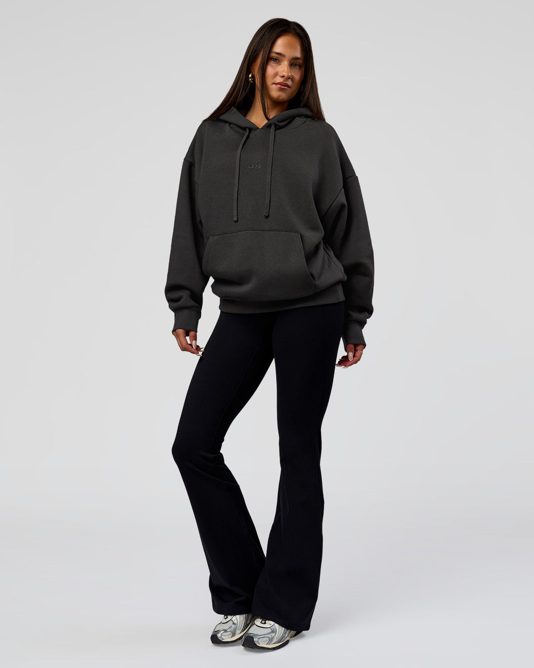 Woman wearing Base Oversized DC Hoodie - Onyx | Model:Bianca | Size:XS - view 14