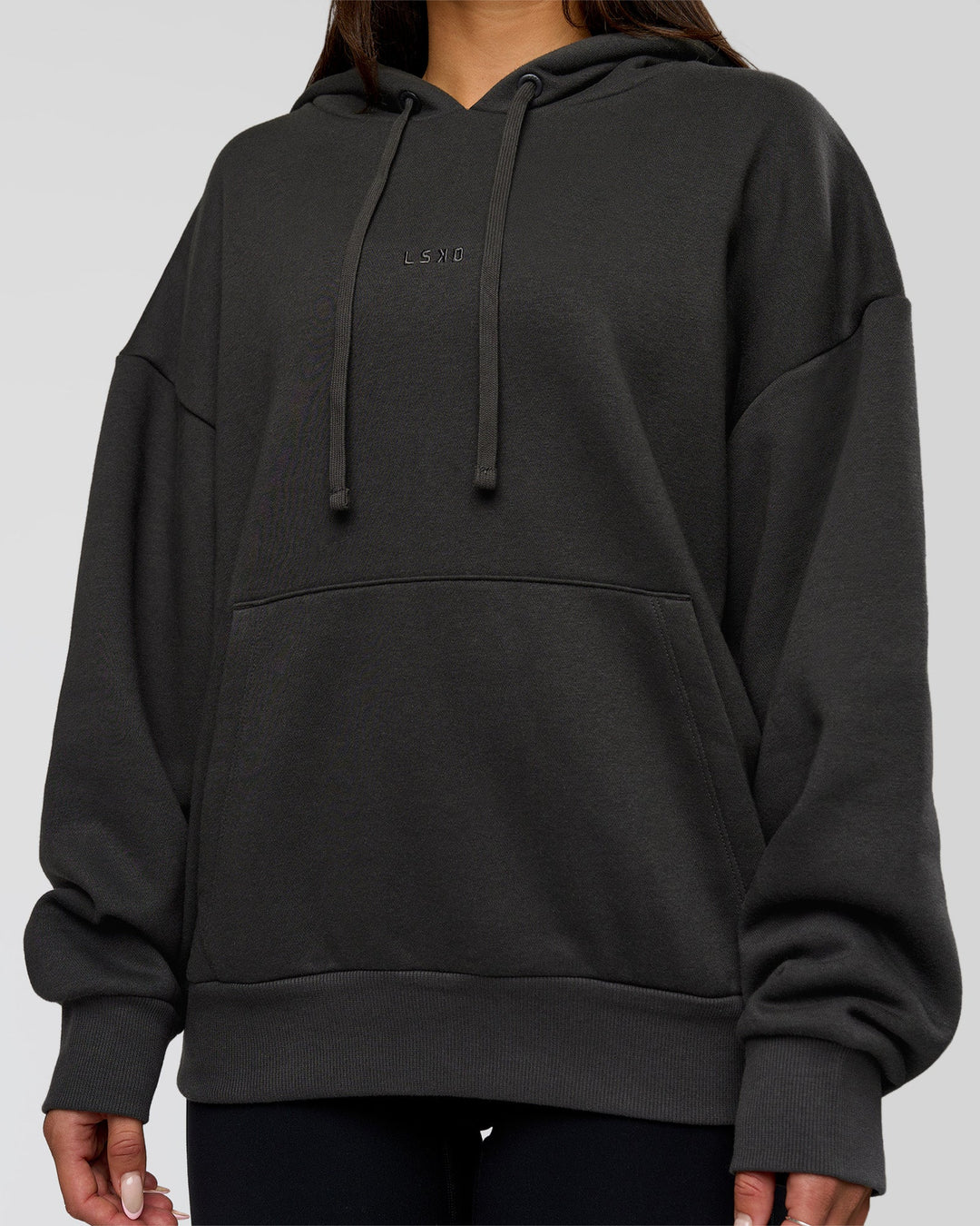 Woman wearing Base Oversized DC Hoodie - Onyx | Model:Bianca | Size:XS - view 9