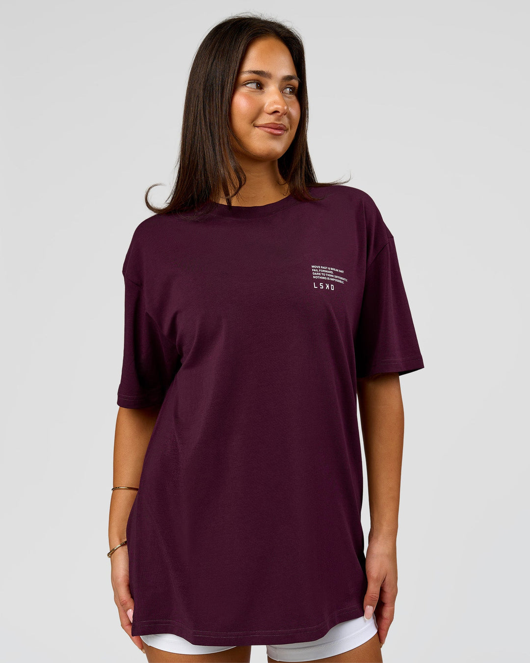 Woman wearing Coffee Run FLXCotton Oversized Tee - Cherry Lacquer-Black | Model:Bianca | Size:XS - view 8