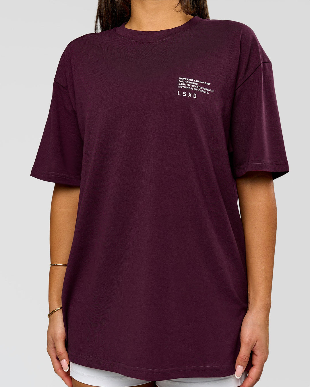 Woman wearing Coffee Run FLXCotton Oversized Tee - Cherry Lacquer-Black | Model:Bianca | Size:XS - view 11