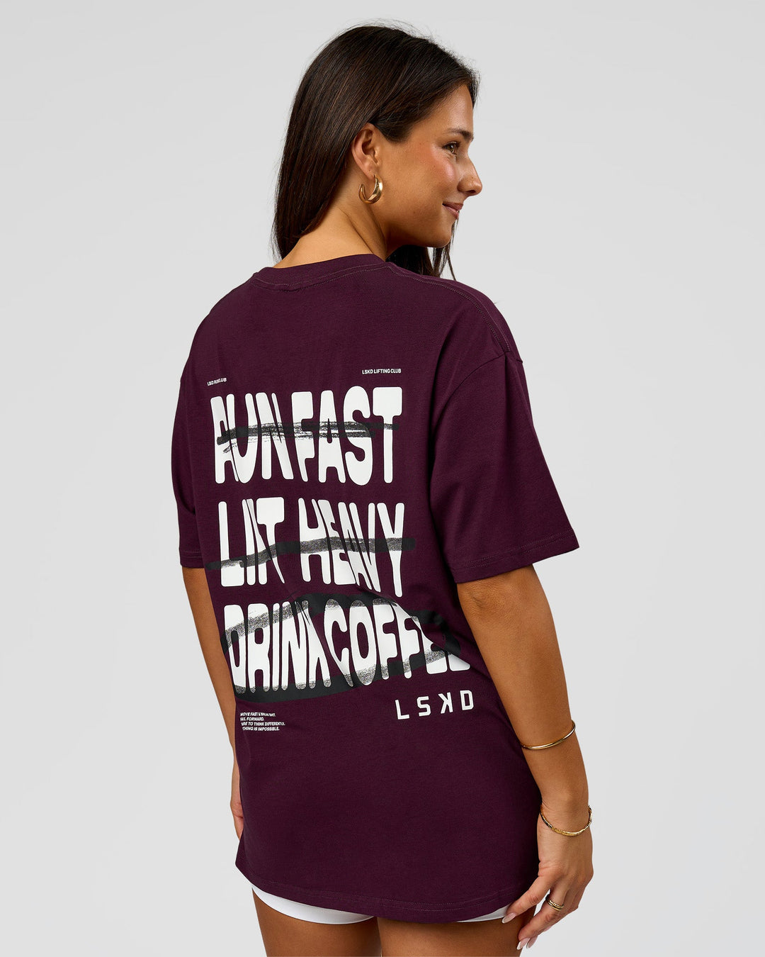 Woman wearing Coffee Run FLXCotton Oversized Tee - Cherry Lacquer-Black | Model:Bianca | Size:XS - view 9