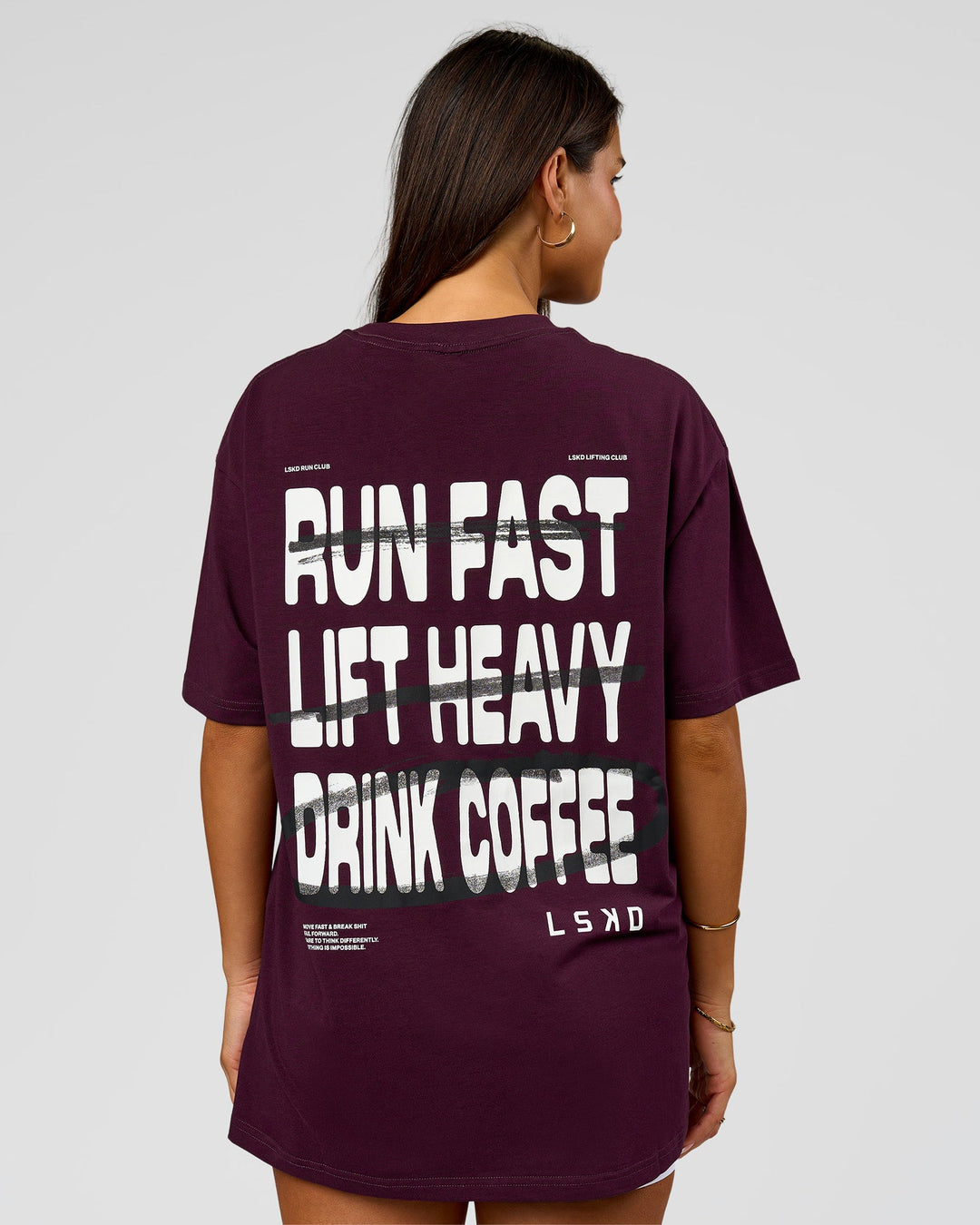 Woman wearing Coffee Run FLXCotton Oversized Tee - Cherry Lacquer-Black | Model:Bianca | Size:XS - view 3