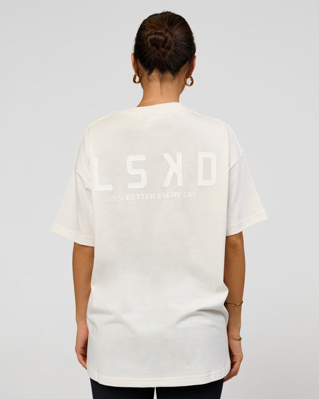 Woman wearing Tonal Legacy Heavyweight Oversized Tee - Off White-Off White | Model:Bianca | Size:XS - view 3