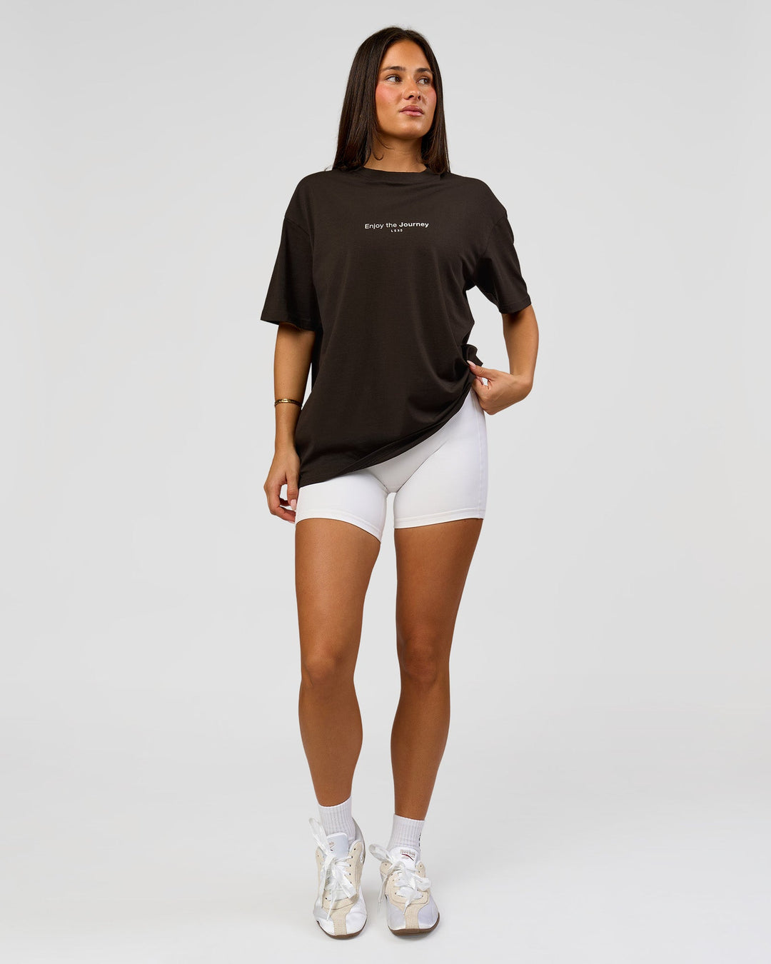 Woman wearing VS1 Enjoy The Journey FLXCotton Oversize Tee - Ground Coffee | Model:Bianca | Size:XS - view 7