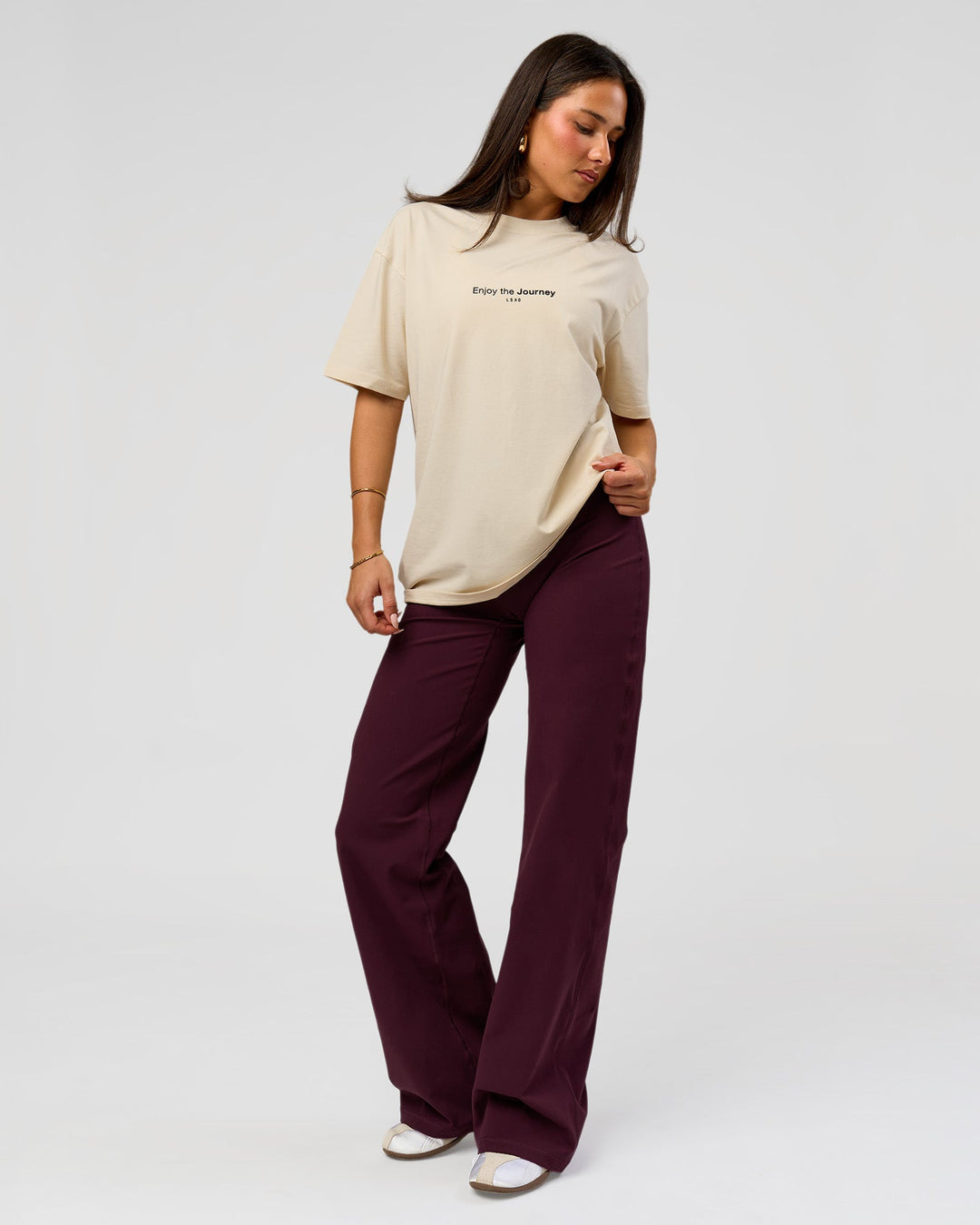 Woman wearing VS1 Enjoy The Journey FLXCotton Oversize Tee - Vanilla Bean | Model:Bianca | Size:XS - view 8