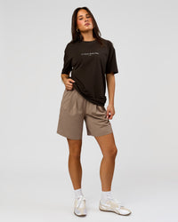 Woman wearing VS6 1% Better FLXCotton Oversize Tee - Ground Coffee | Model:Bianca | Size:XS | Thumbnail Index: 11
