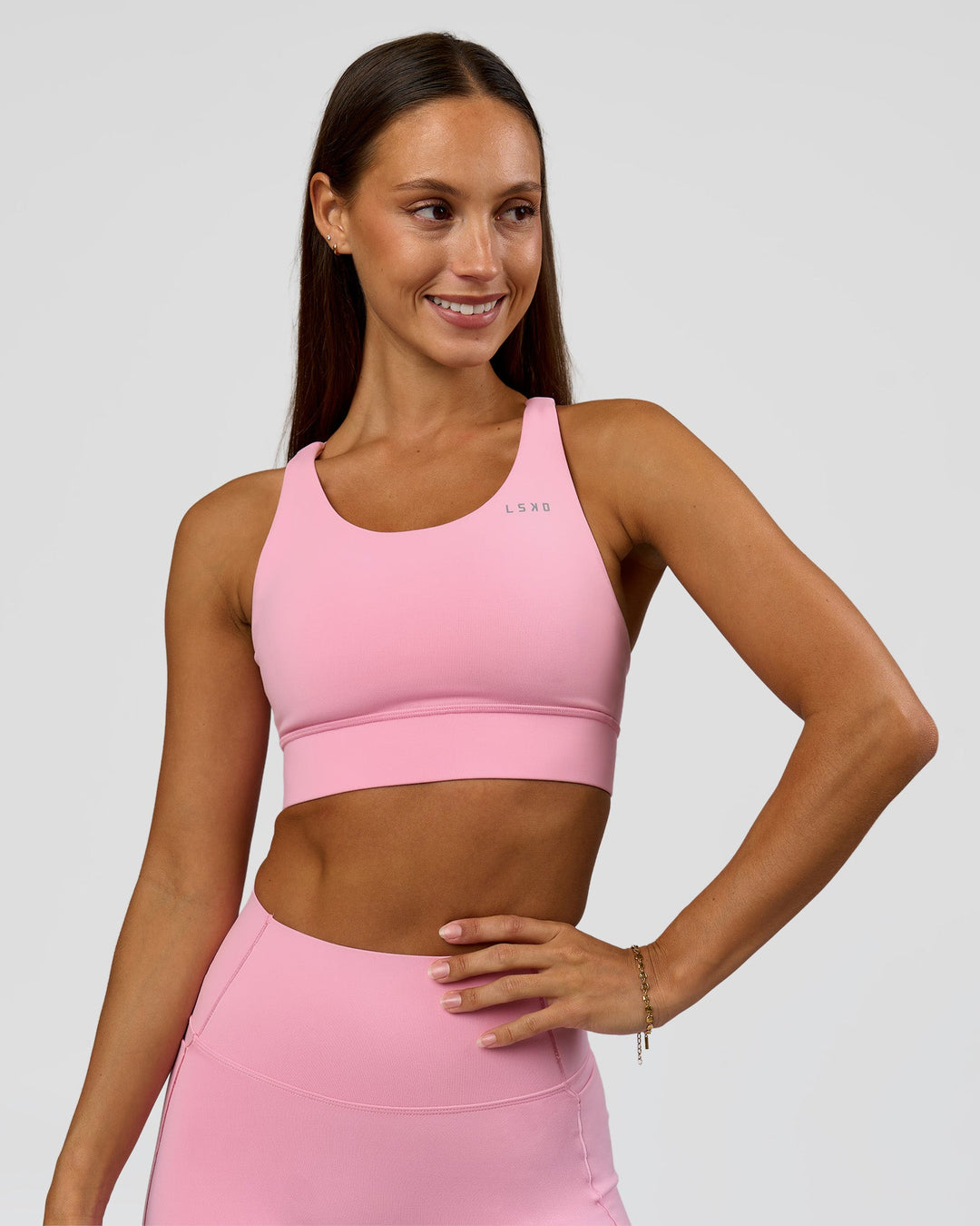 Woman wearing Accelerate Sports Bra - Pink Rose | Model:Brylee | Size:XS - view 5