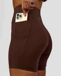 Woman wearing Fusion Bonded High-Rise 6" Short Pockets - Hot Chocolate | Model:Brylee | Size:XS | Thumbnail Index: 4