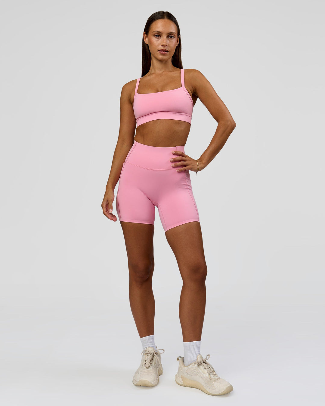 Woman wearing Fusion Bonded High-Rise 6" Short Pockets - Pink Rose | Model:Brylee | Size:XS - view 6