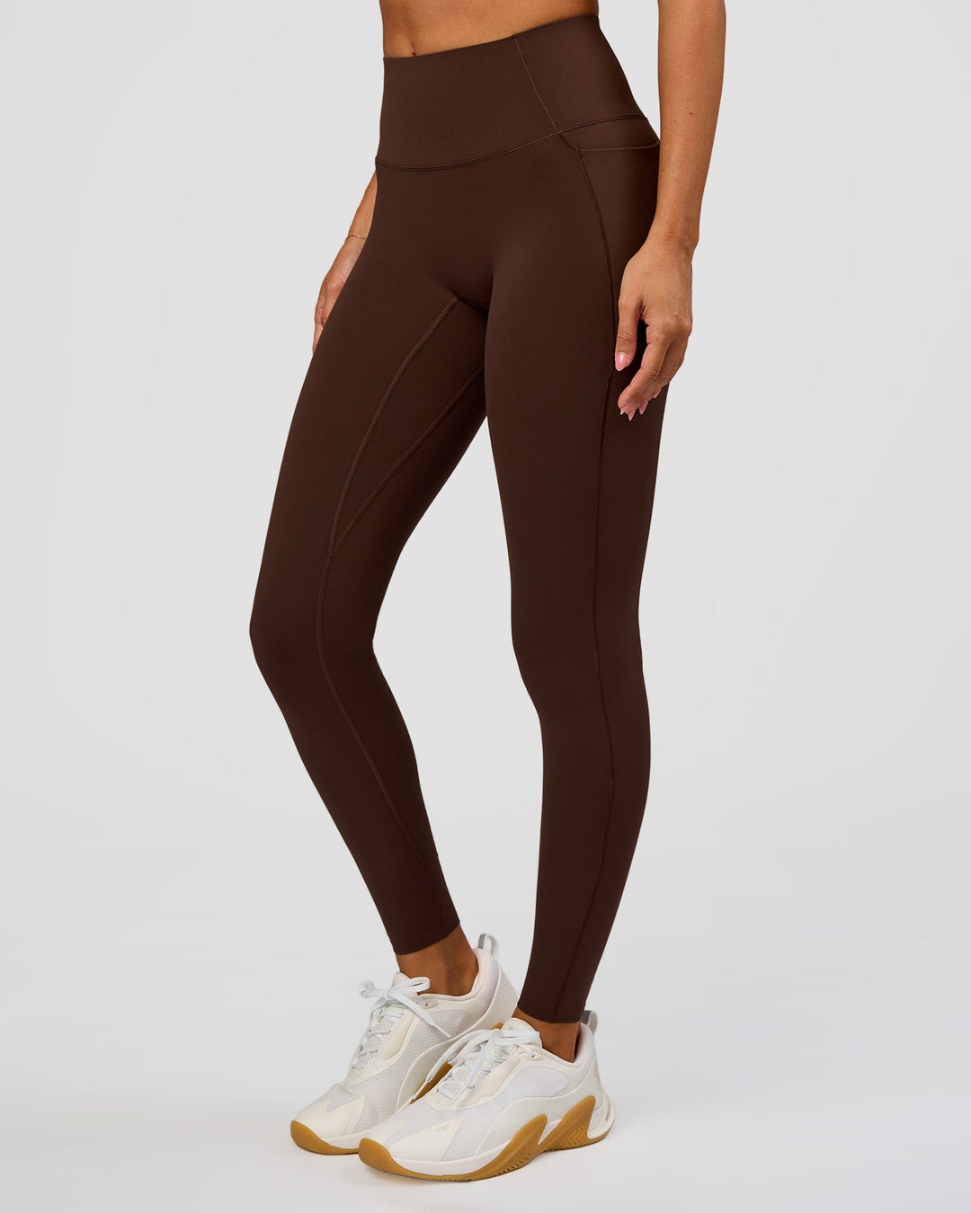 Woman wearing Fusion Bonded High-Rise Full Length Legging Pockets - Hot Chocolate | Model:Brylee | Size:XS - view 1