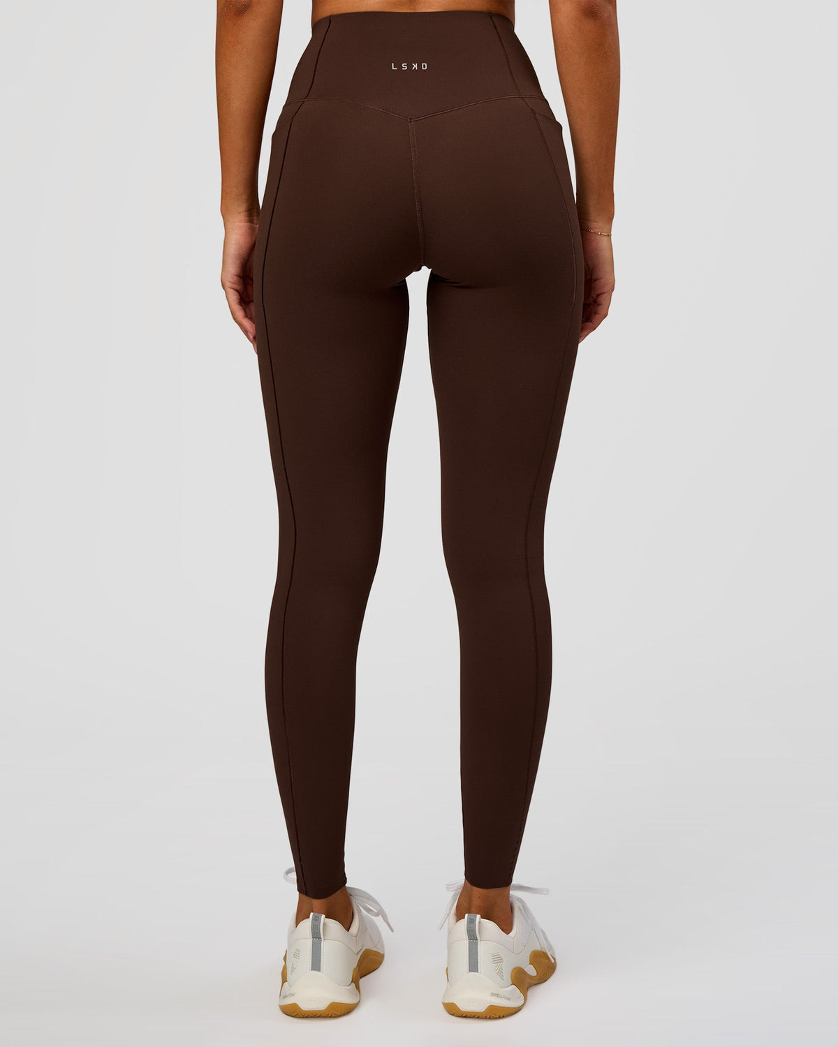 Woman wearing Fusion Bonded High-Rise Full Length Legging Pockets - Hot Chocolate | Model:Brylee | Size:XS