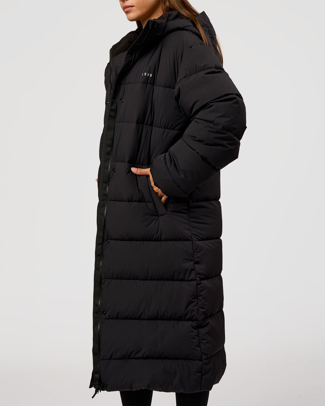 Woman wearing Go-To Puffer Long Jacket - Black | Model:Brylee | Size:XS - view 5