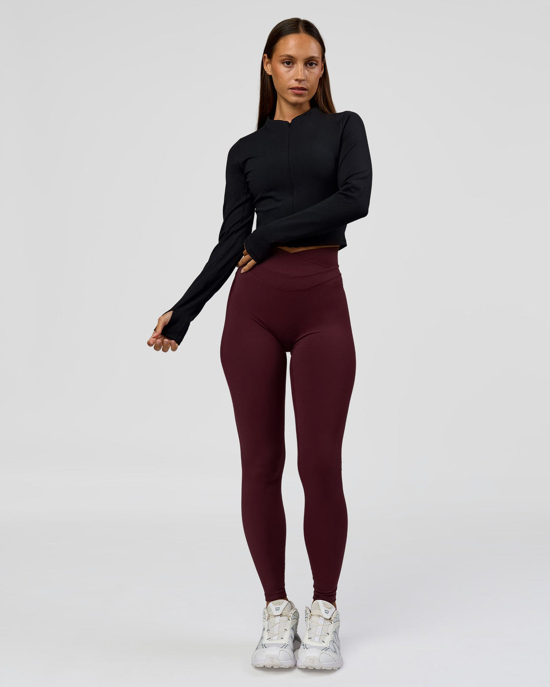 Woman wearing Sculpt Full Zip Long Sleeve Top - Black | Model:Brylee | Size:XS - view 6
