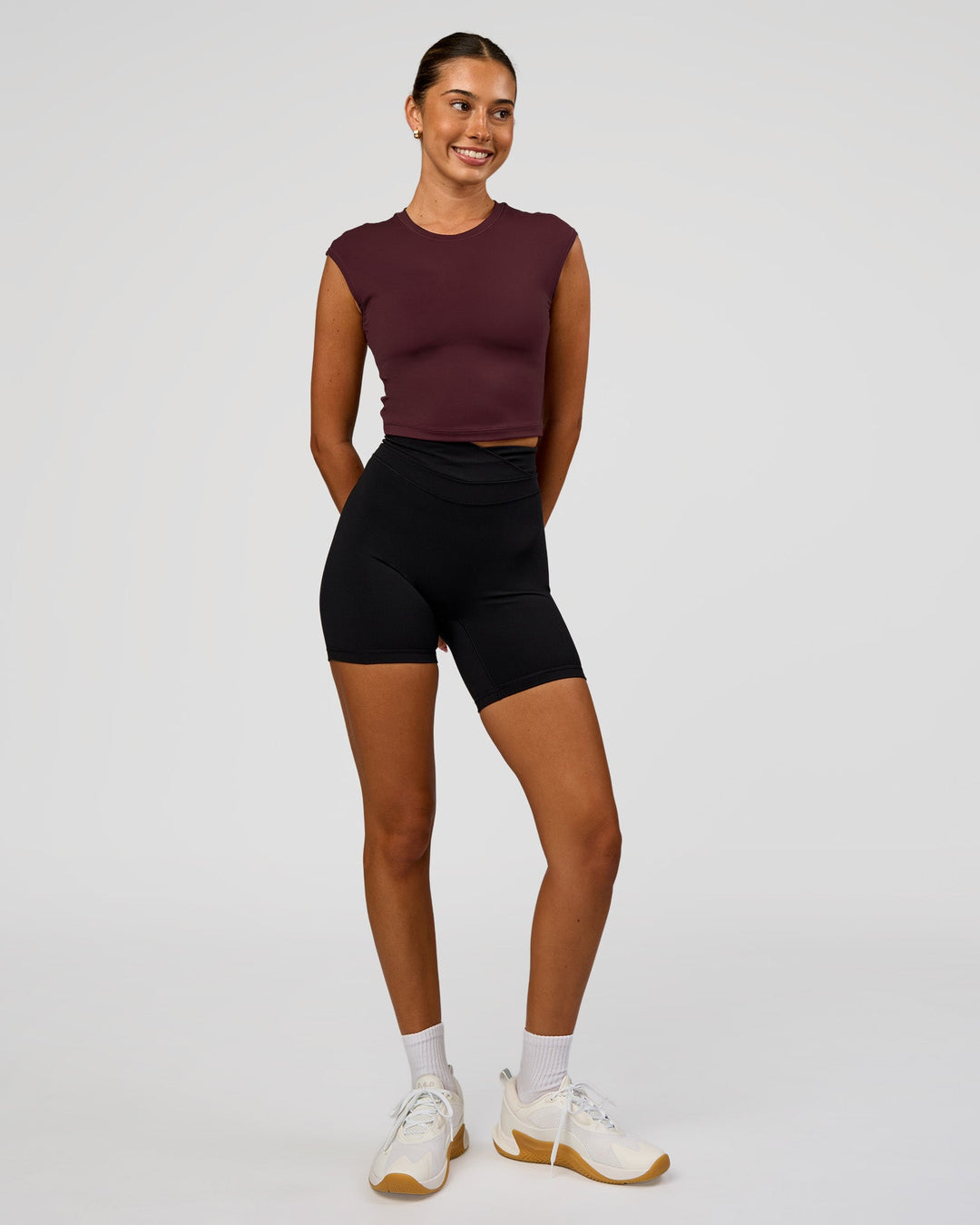 Woman wearing All Day Cropped Sleeve Top - Cherry Lacquer | Model:Charli | Size:XS - view 7
