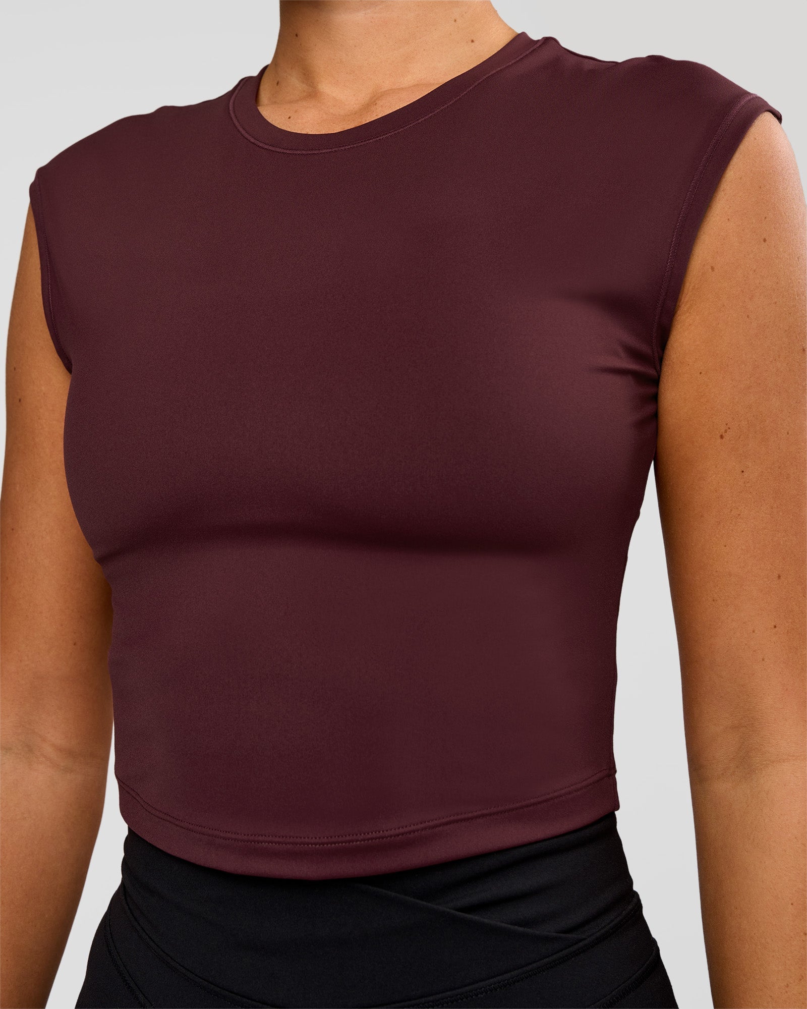 Woman wearing All Day Cropped Sleeve Top - Cherry Lacquer | Model:Charli | Size:XS