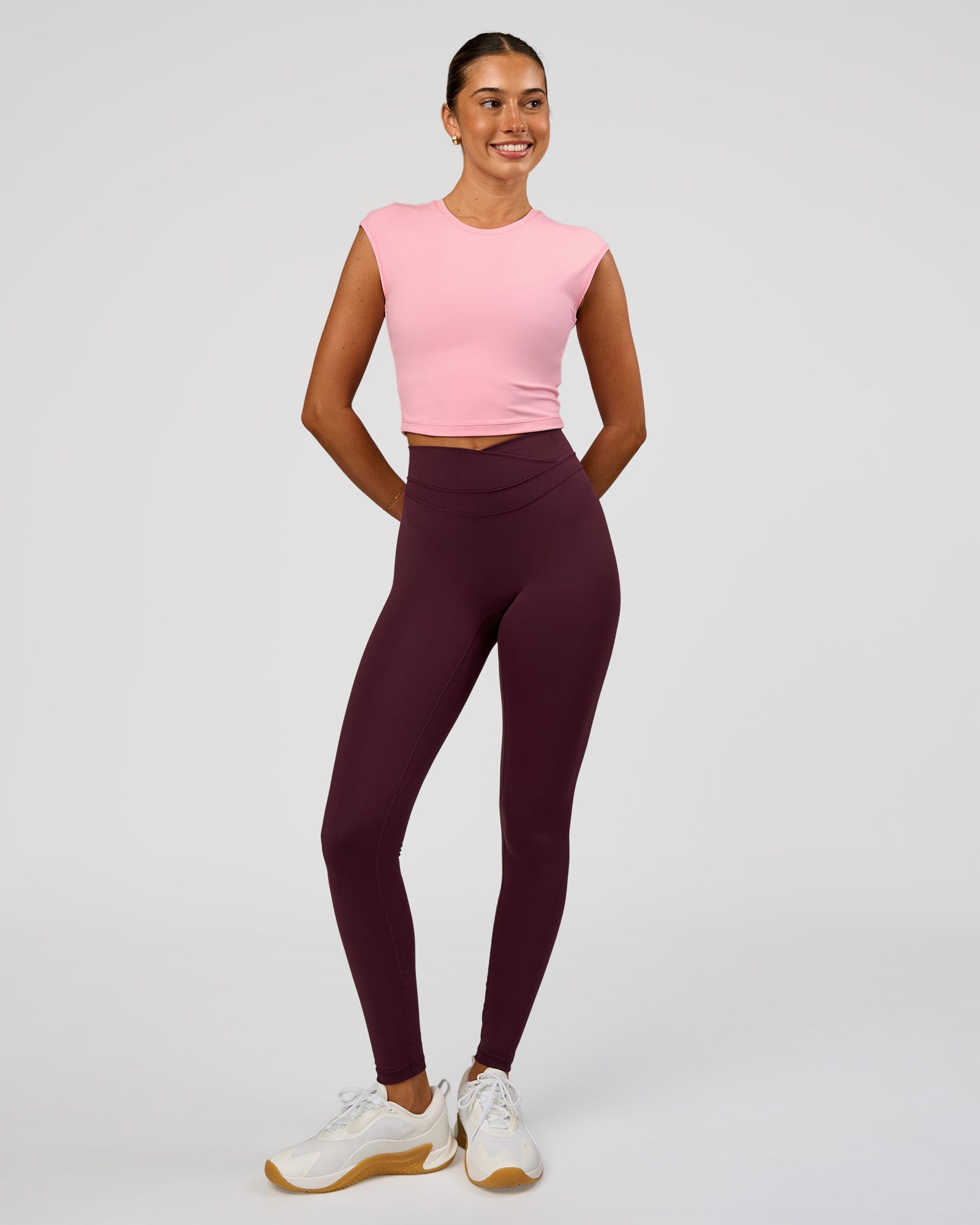 Woman wearing All Day Cropped Sleeve Top - Pink Rose | Model:Charli | Size:XS