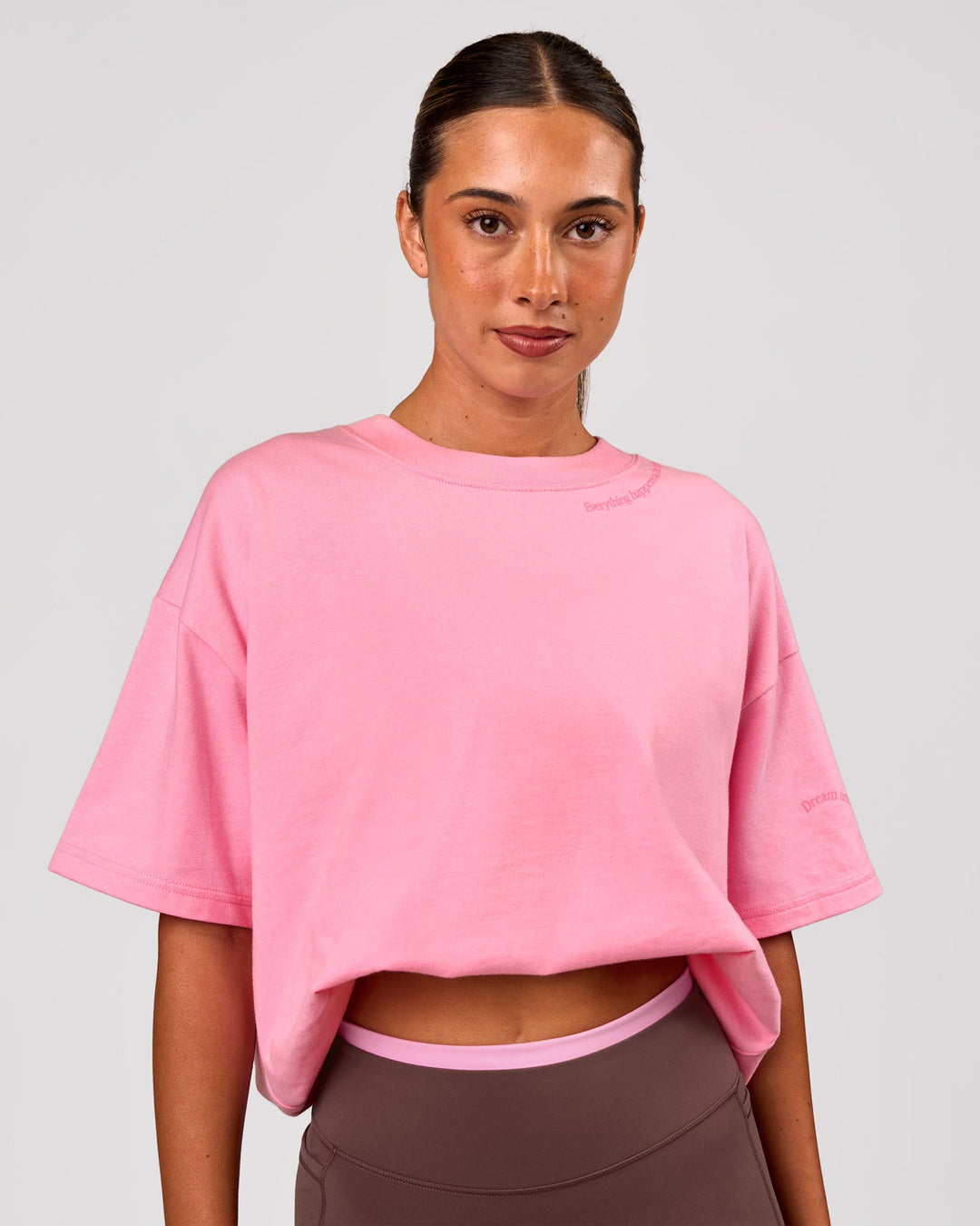 Woman wearing Bree Heavyweight Oversized Tee - Pink Rose | Model:Charli | Size:XS - view 2