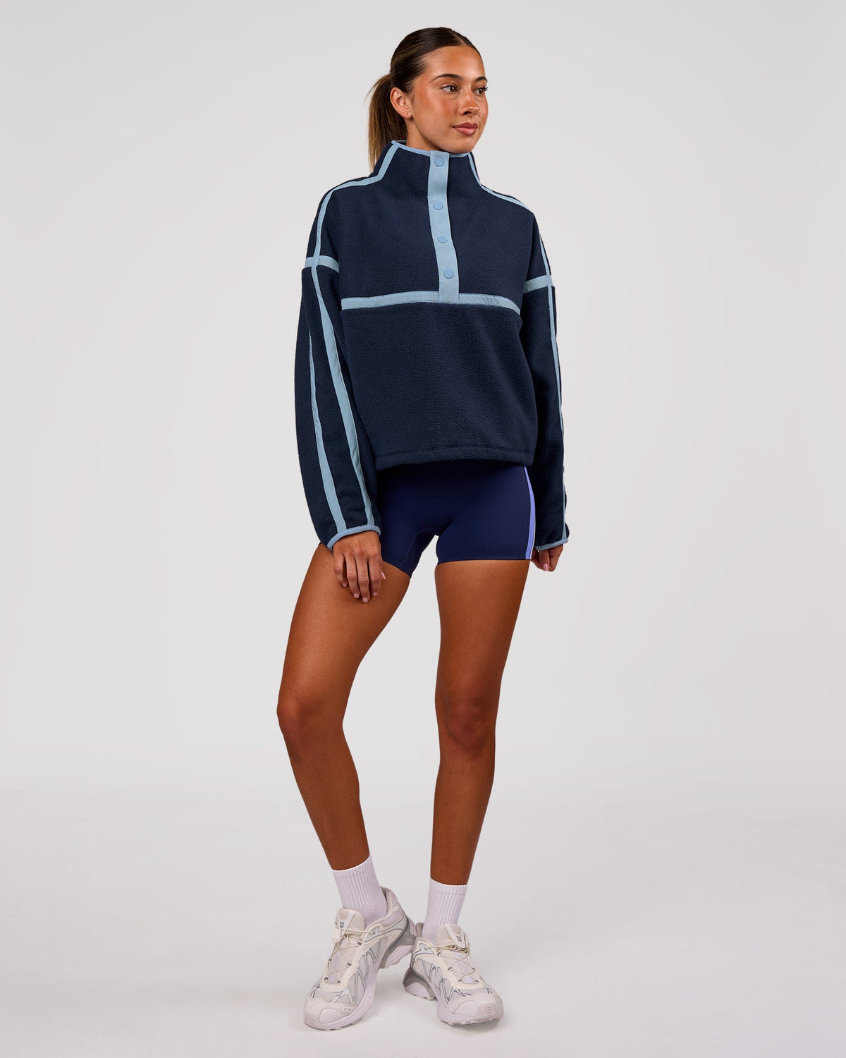 Woman wearing Expedition Pop Over - Future Navy-Open Air | Model:Charli | Size:XS