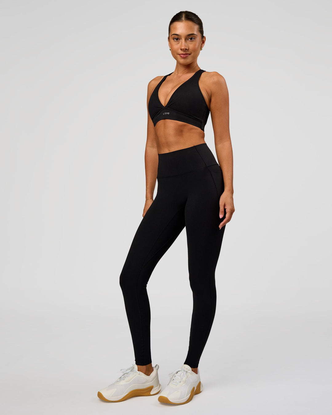 Woman wearing Fusion Bonded High-Rise Full Length Legging Pockets - Black | Model:Charli | Size:XS - view 2