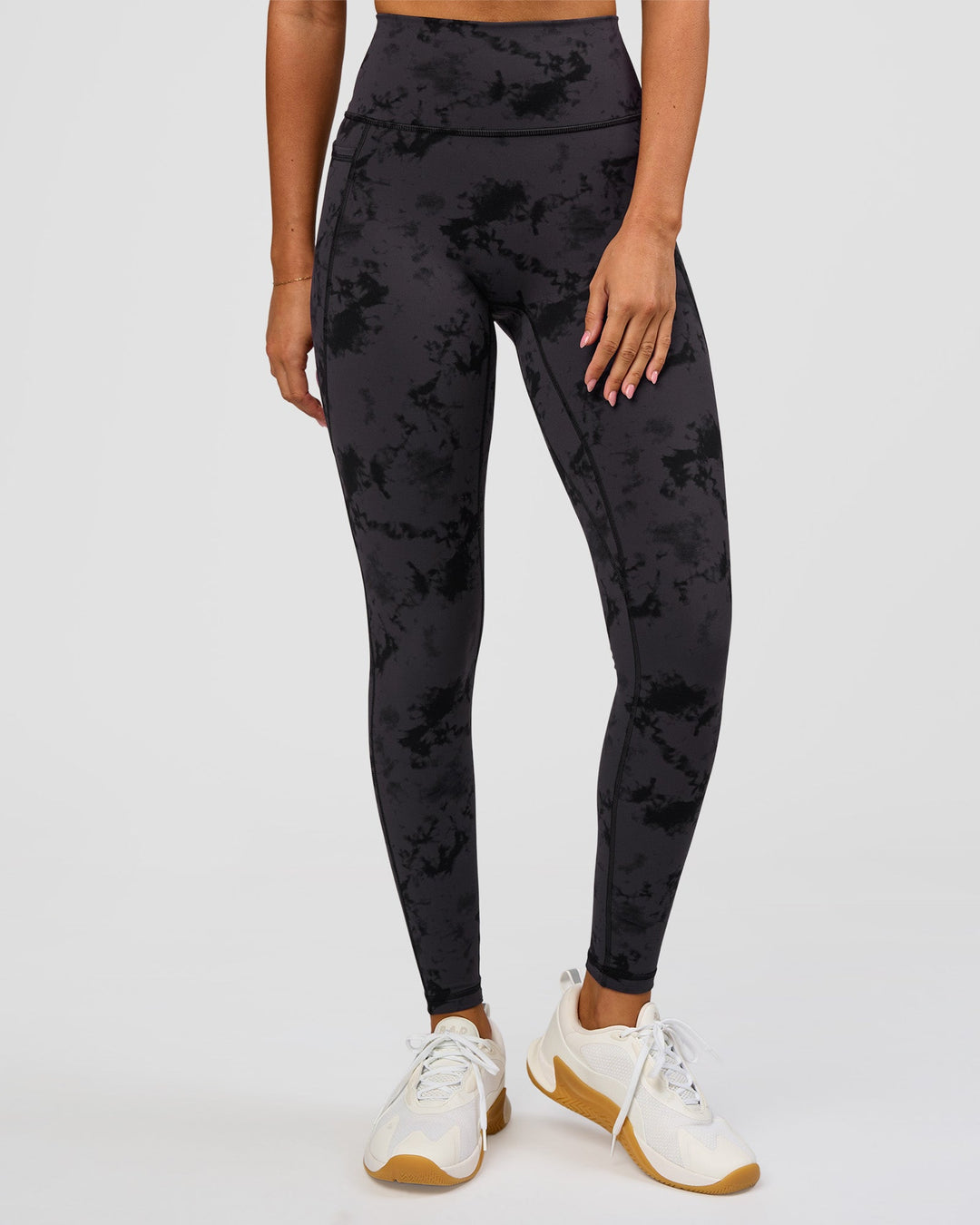 Woman wearing Fusion Ultra High-Rise Full Length Legging Pockets - Black Tie Dye | Model:Charli | Size:XS - view 2