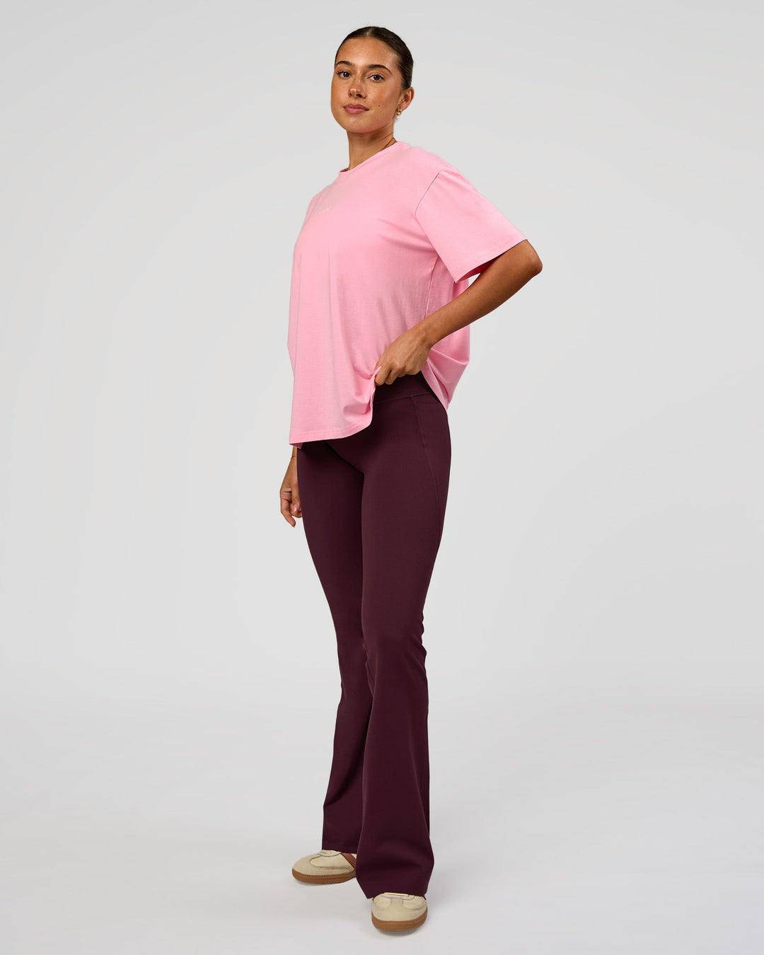 Woman wearing Go-To FLXCotton Oversized Tee - Pink Rose-White | Model:Charli | Size:XS - view 4