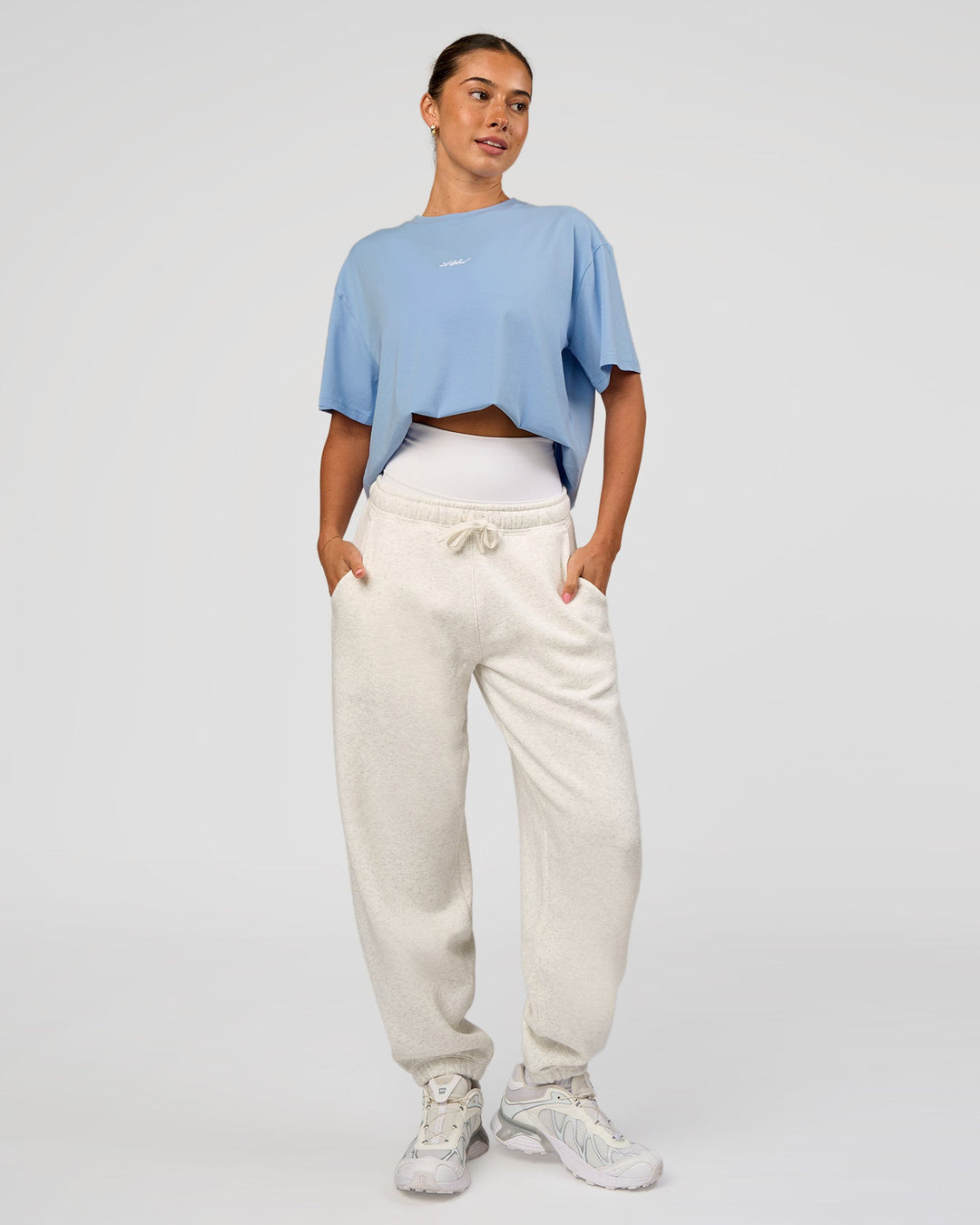 Woman wearing Go-To Script FLXCotton Oversized Tee - Open Air | Model:Charli | Size:XS
