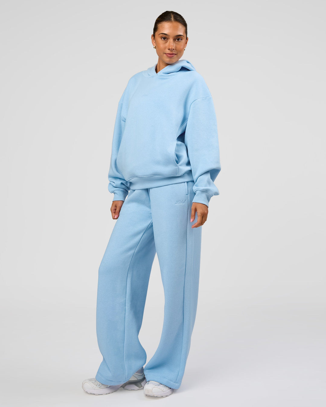 Woman wearing Go-To Script Wide Leg Track Pant - Open Air | Model:Charli | Size:XS - view 3