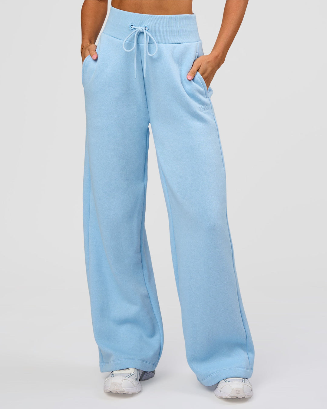 Woman wearing Go-To Script Wide Leg Track Pant - Open Air | Model:Charli | Size:XS - view 1