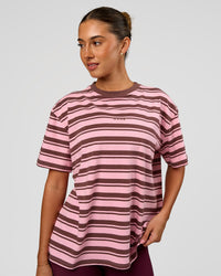 Woman wearing Go-To Shadow Stripe FLXCotton Oversized Tee - Pink Rose-Cocoa Powder | Model:Charli | Size:XS | Thumbnail Index: 0