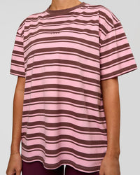 Woman wearing Go-To Shadow Stripe FLXCotton Oversized Tee - Pink Rose-Cocoa Powder | Model:Charli | Size:XS | Thumbnail Index: 1